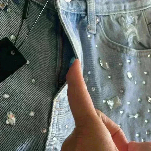 Embellished Crystals Denim Jeans Shorts Sz 1 - Picture 10 of 14